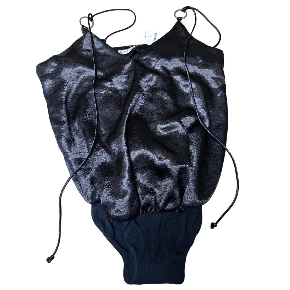 Free People Intimately Metallic Draped Bodysuit Black XS Silver O-Ring‎ NEW